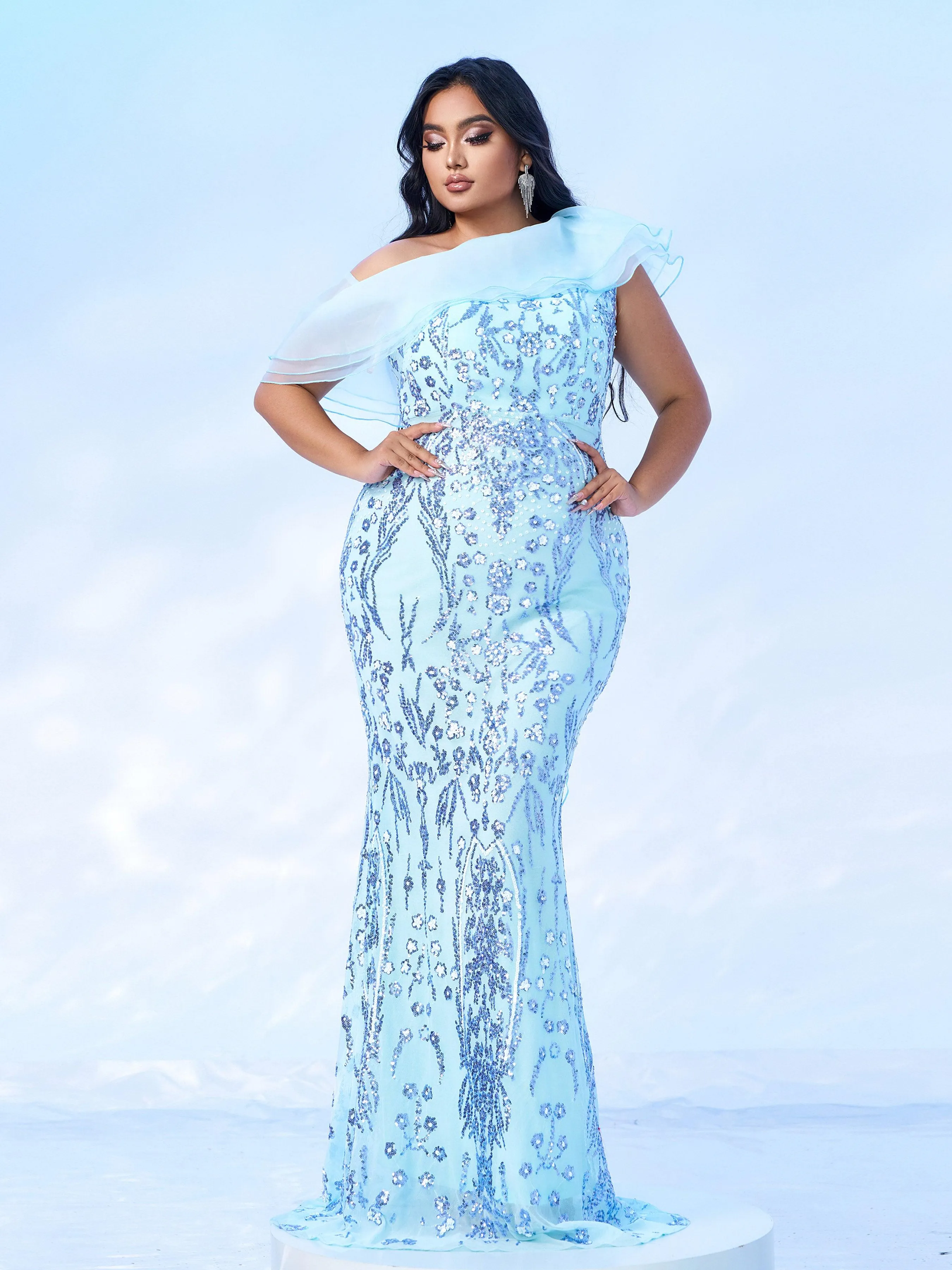 Plus Off Shoulder Ruffled Seuqin Mermaid Prom Dress PRX70231