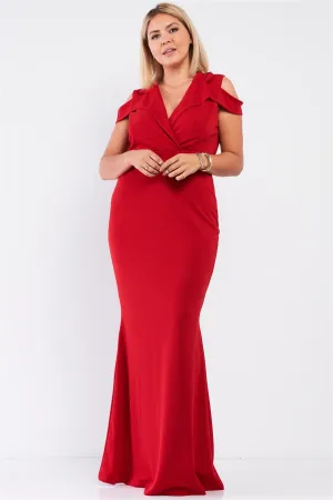 Plus Red Sleeveless Collared Plunging V-neck Maxi Dress