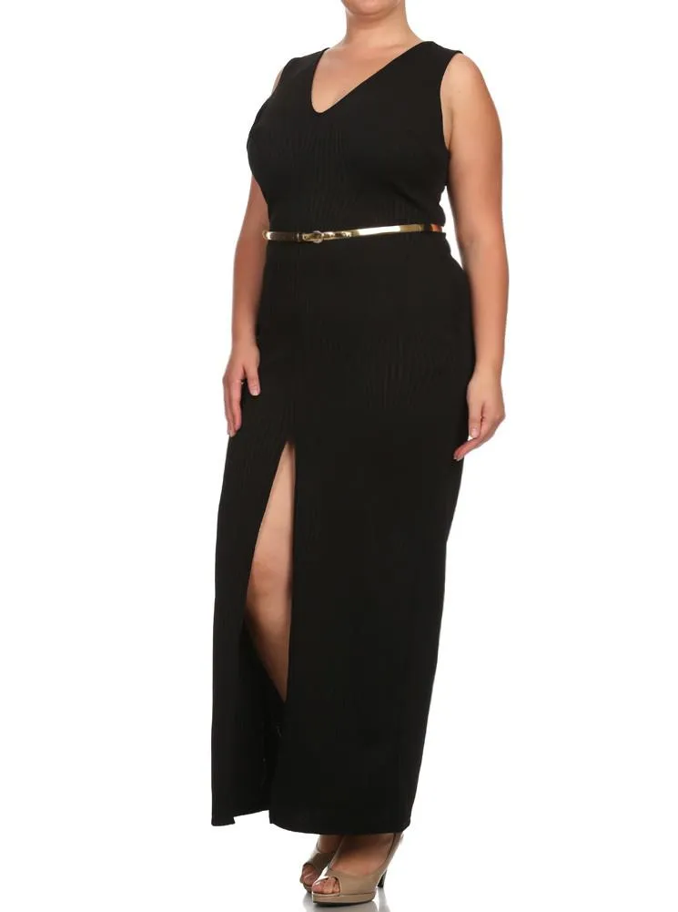 Plus Size Belted Diamond Black Maxi Mesh Dress