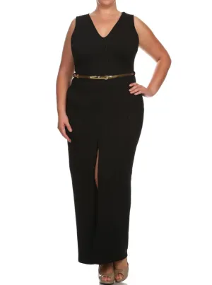 Plus Size Belted Diamond Black Maxi Mesh Dress
