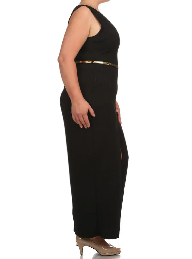 Plus Size Belted Diamond Black Maxi Mesh Dress