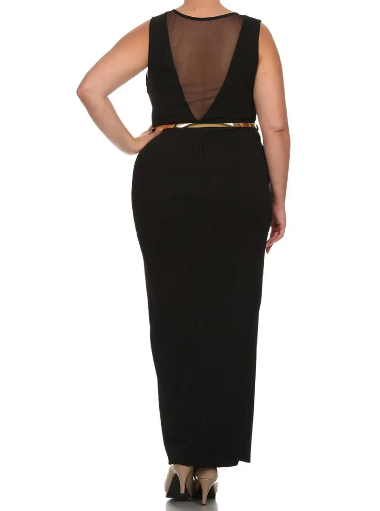 Plus Size Belted Diamond Black Maxi Mesh Dress