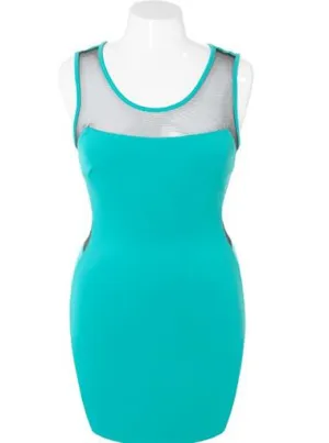 Plus Size Bodycon Scuba Mesh Teal Dress
