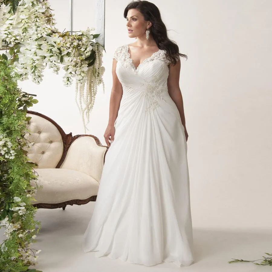 Plus Size Bridal Dress Cap Sleeve Lace Applique And Chiffon