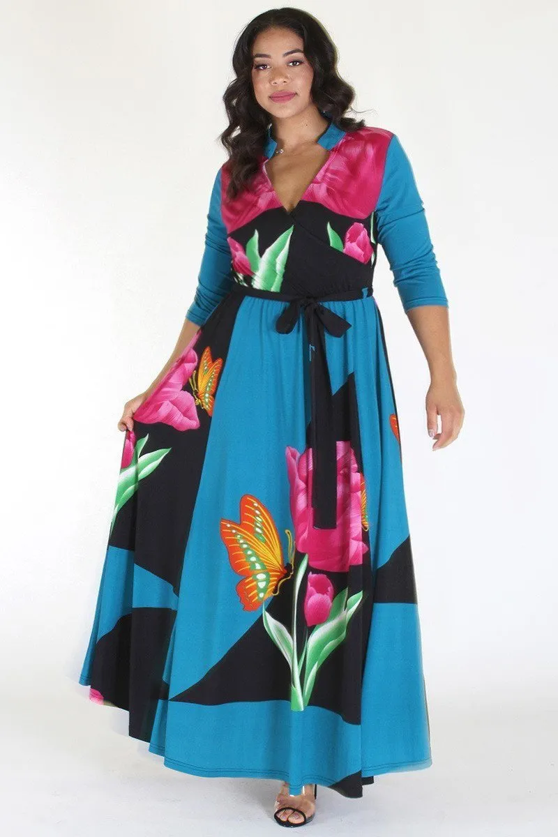 Plus Size Butterfly Tropical Ribbon Tie Maxi Dress [SALE]