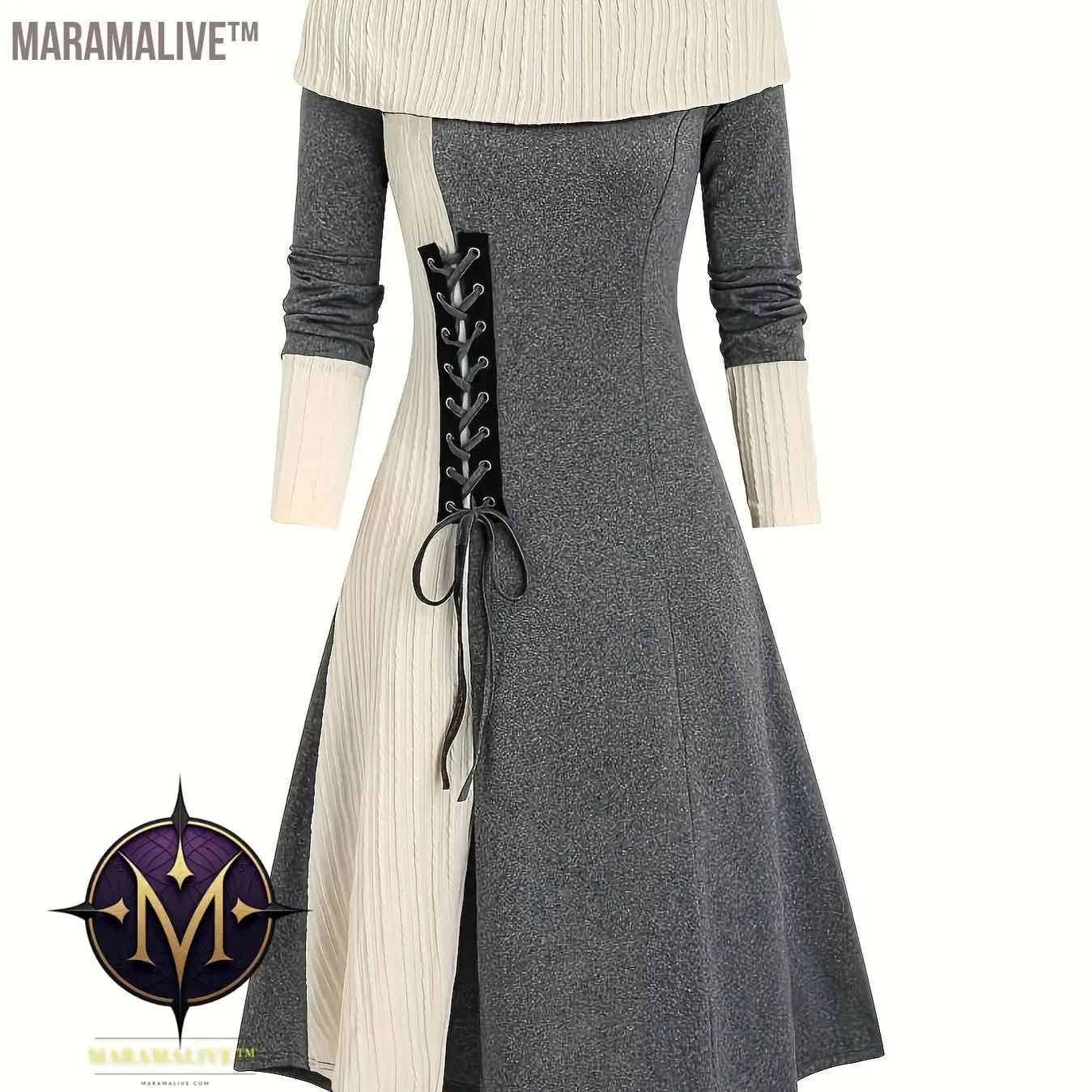 Plus Size Casual Dress, Women's Plus Colorblock Jacquard Long Sleeve Foldover Collar Lace Up Split Hem Dress