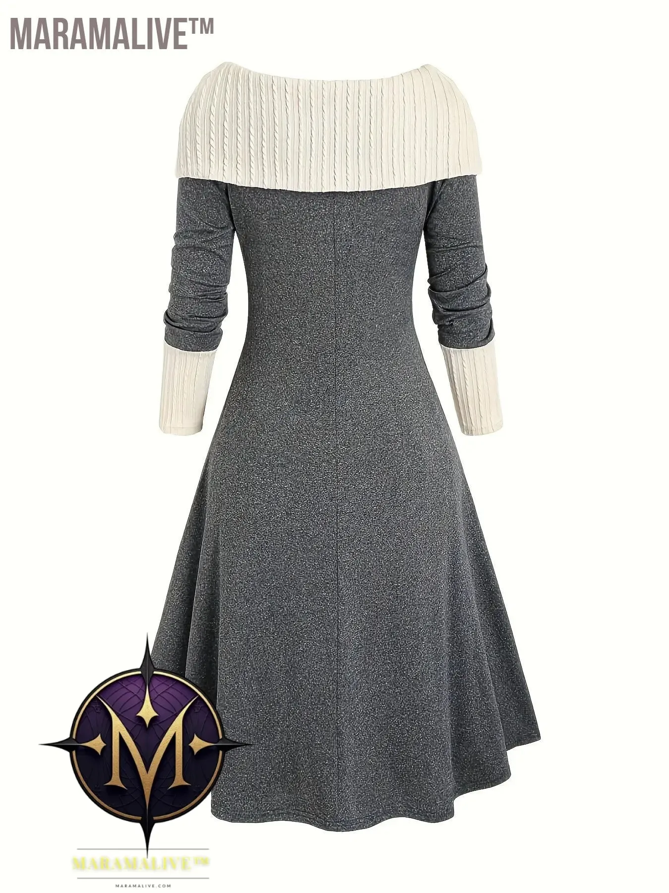 Plus Size Casual Dress, Women's Plus Colorblock Jacquard Long Sleeve Foldover Collar Lace Up Split Hem Dress