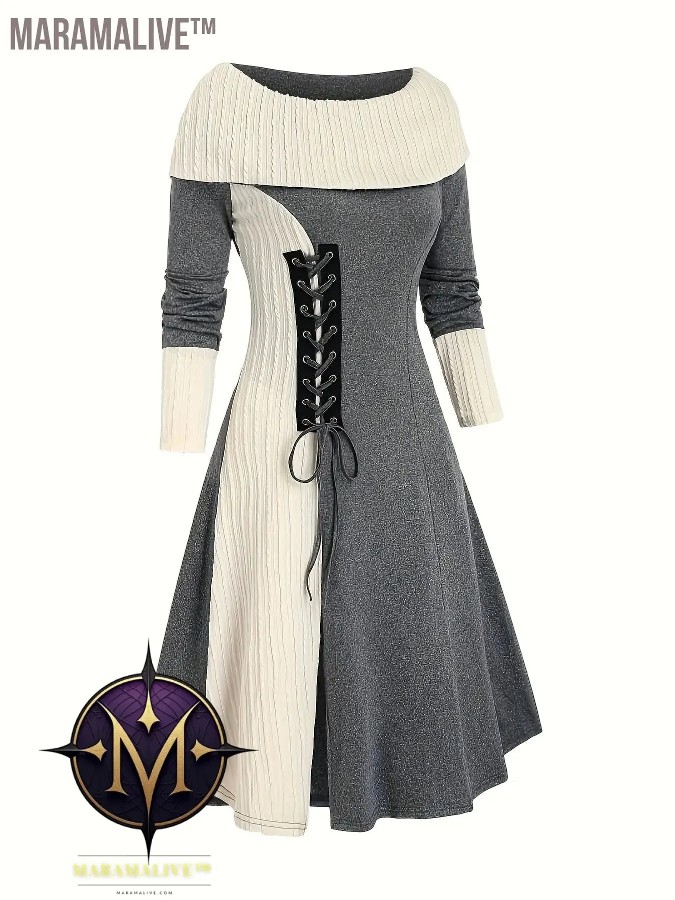 Plus Size Casual Dress, Women's Plus Colorblock Jacquard Long Sleeve Foldover Collar Lace Up Split Hem Dress