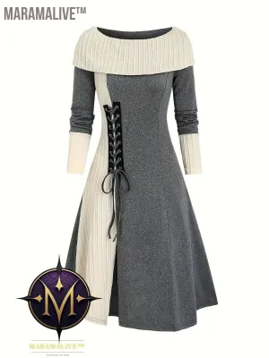 Plus Size Casual Dress, Women's Plus Colorblock Jacquard Long Sleeve Foldover Collar Lace Up Split Hem Dress