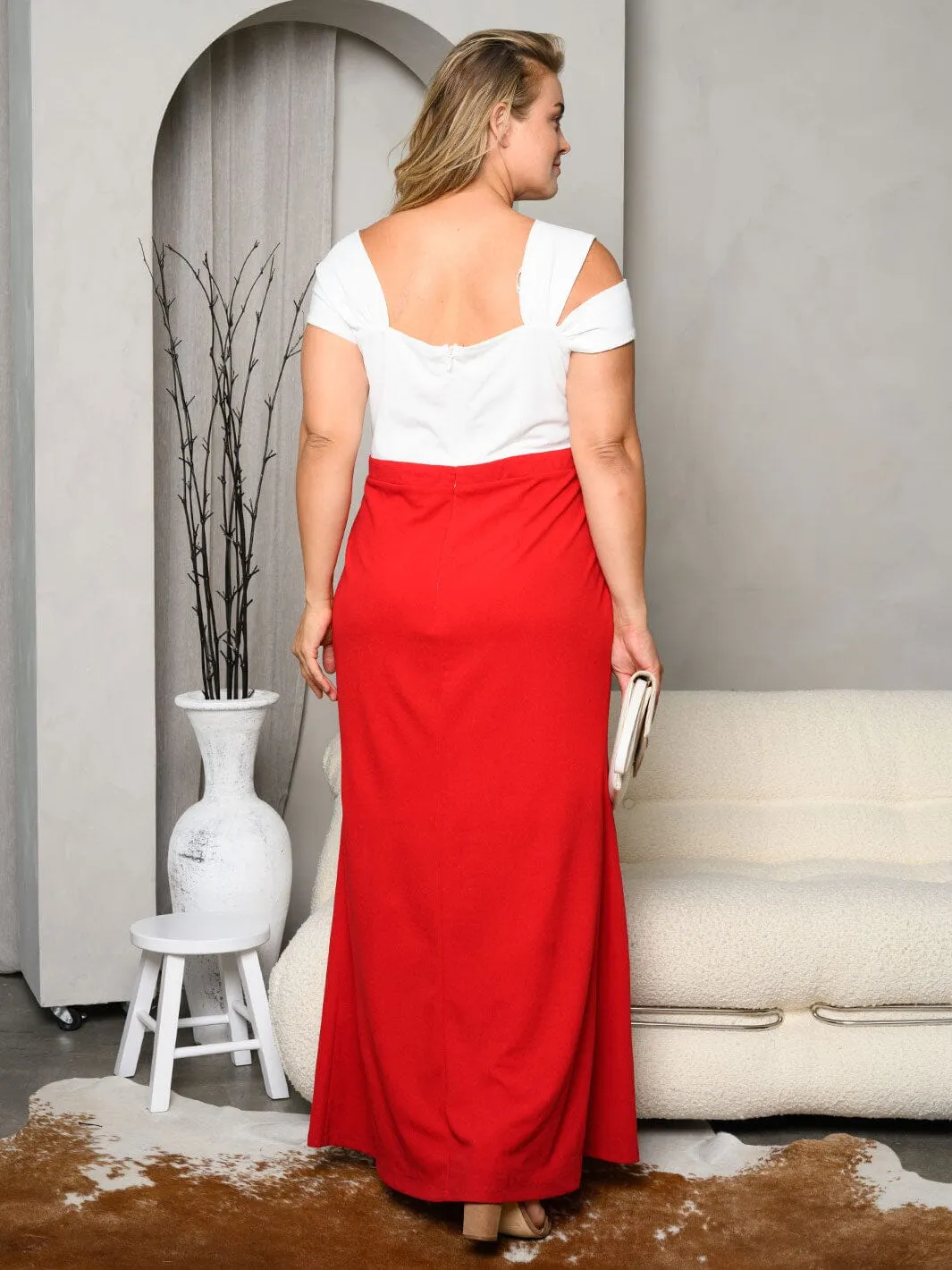 PLUS SIZE COLD SHOULDER COLORBLOCK FLORAL MAXI DRESS