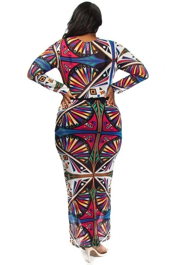 Plus Size Colorful Print Mesh Maxi Dress