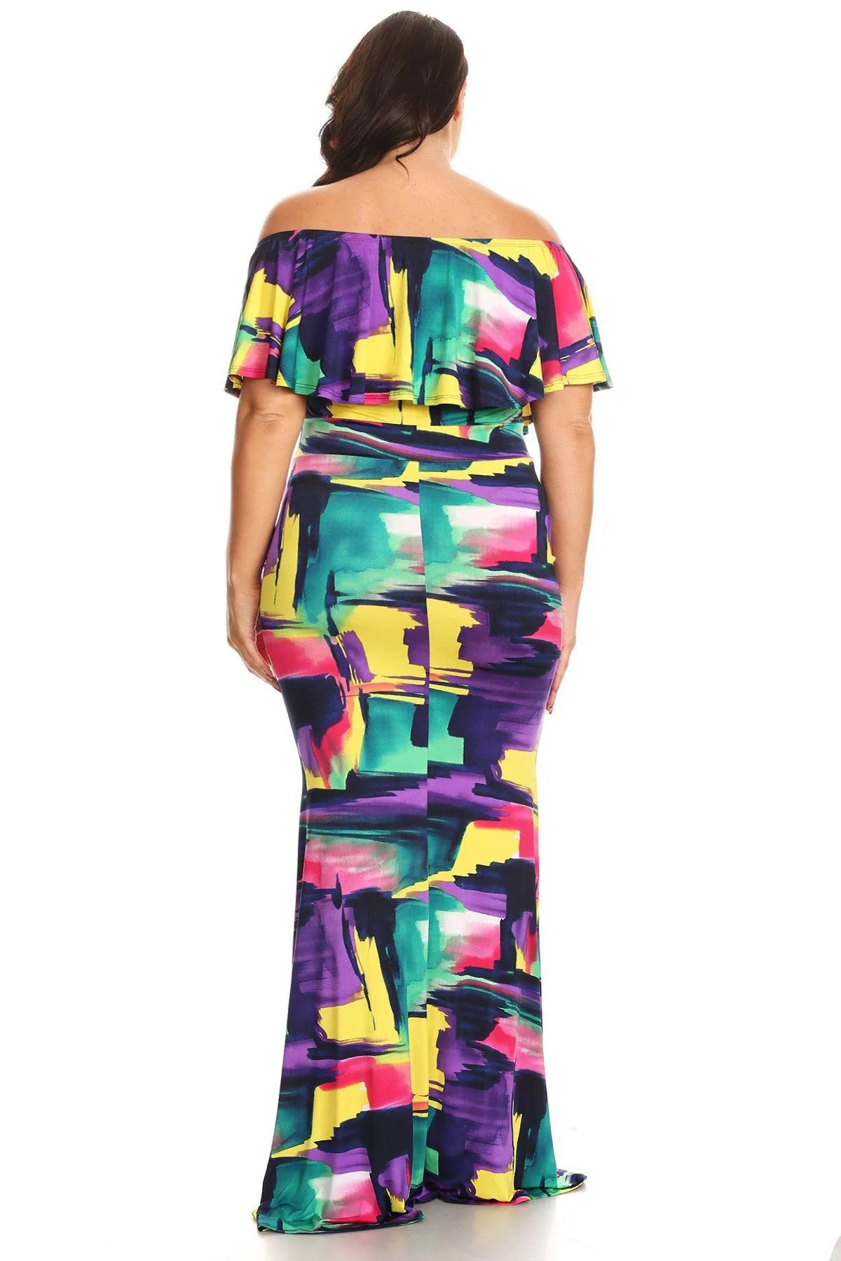 Plus Size Colorful Water Color Off Shoulder Maxi Dress