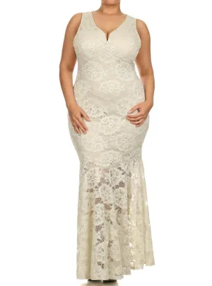 Plus Size Designer Floral Lace Ivory Maxi Dress