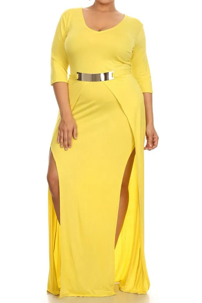 Plus Size Designer Open Slit Waist Buckle Dress