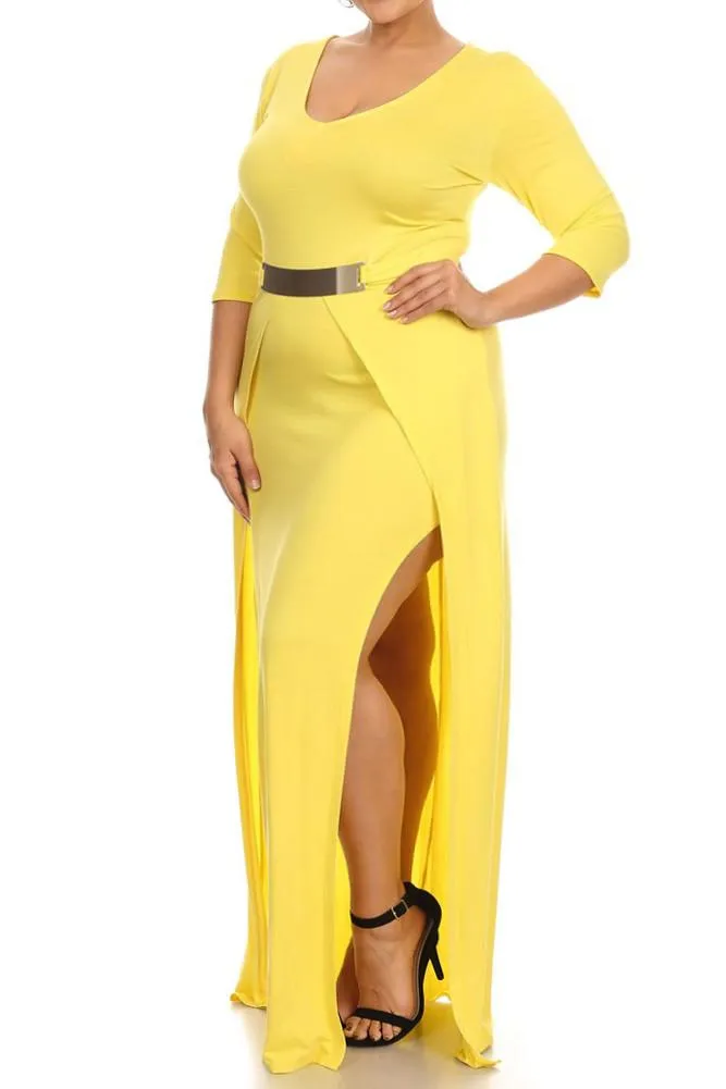 Plus Size Designer Open Slit Waist Buckle Dress