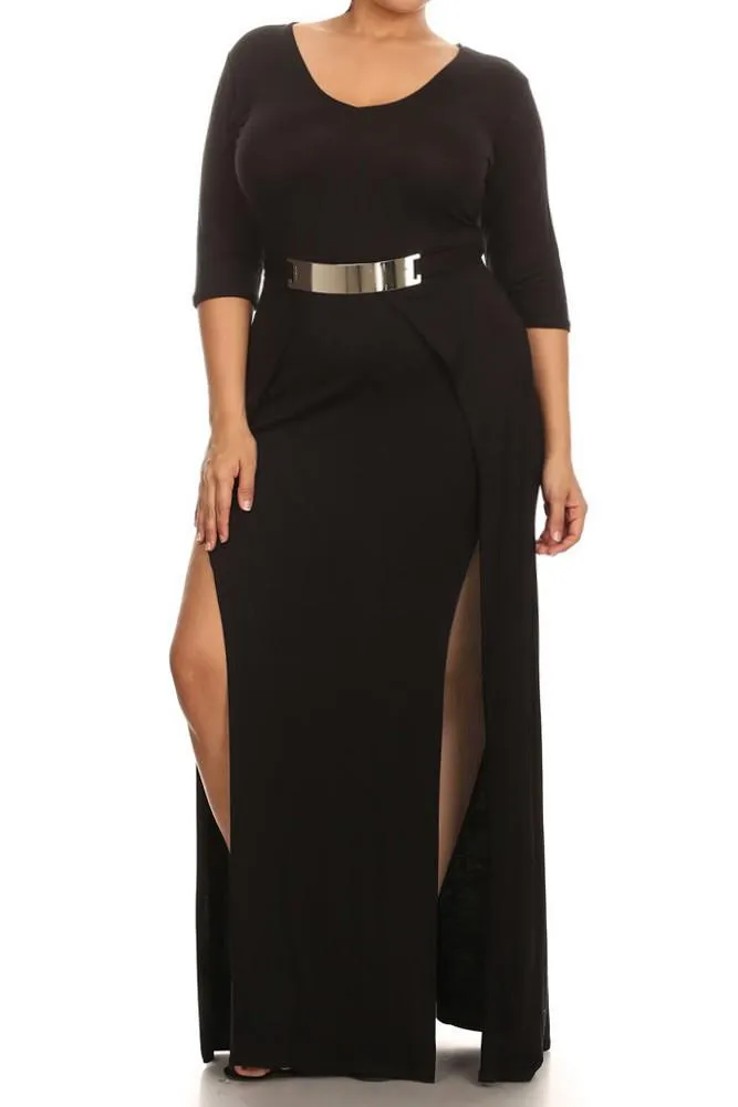 Plus Size Designer Open Slit Waist Buckle Dress