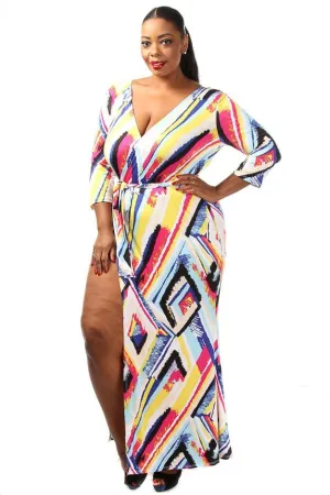 Plus Size Diamond Brush Waist Tie Maxi Dress