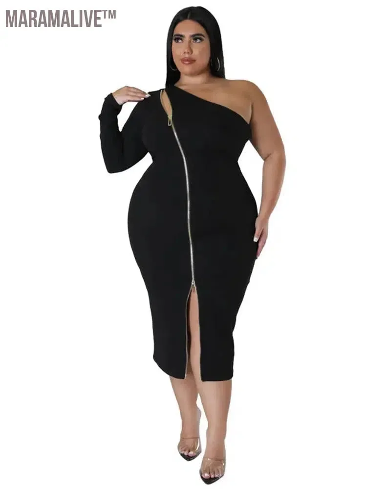Plus Size Dresses for Women Single Sleeve Elegant Solid Sexy Zipper Maxi Dress New Summer Clothes