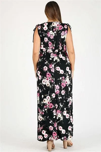 Plus Size Faux Wrap Floral Print Maxi Dress Black Mauve - Pack of 6