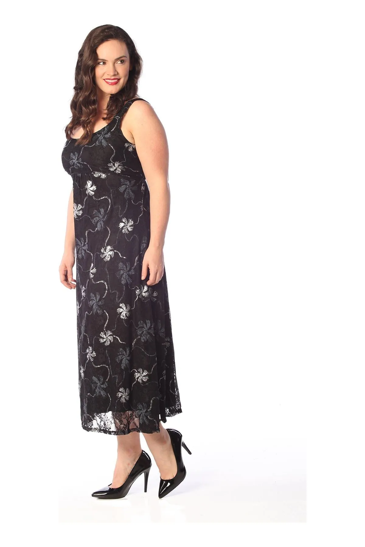 Plus Size Floral Lace Flared Sleeveless Belted Lined Dress