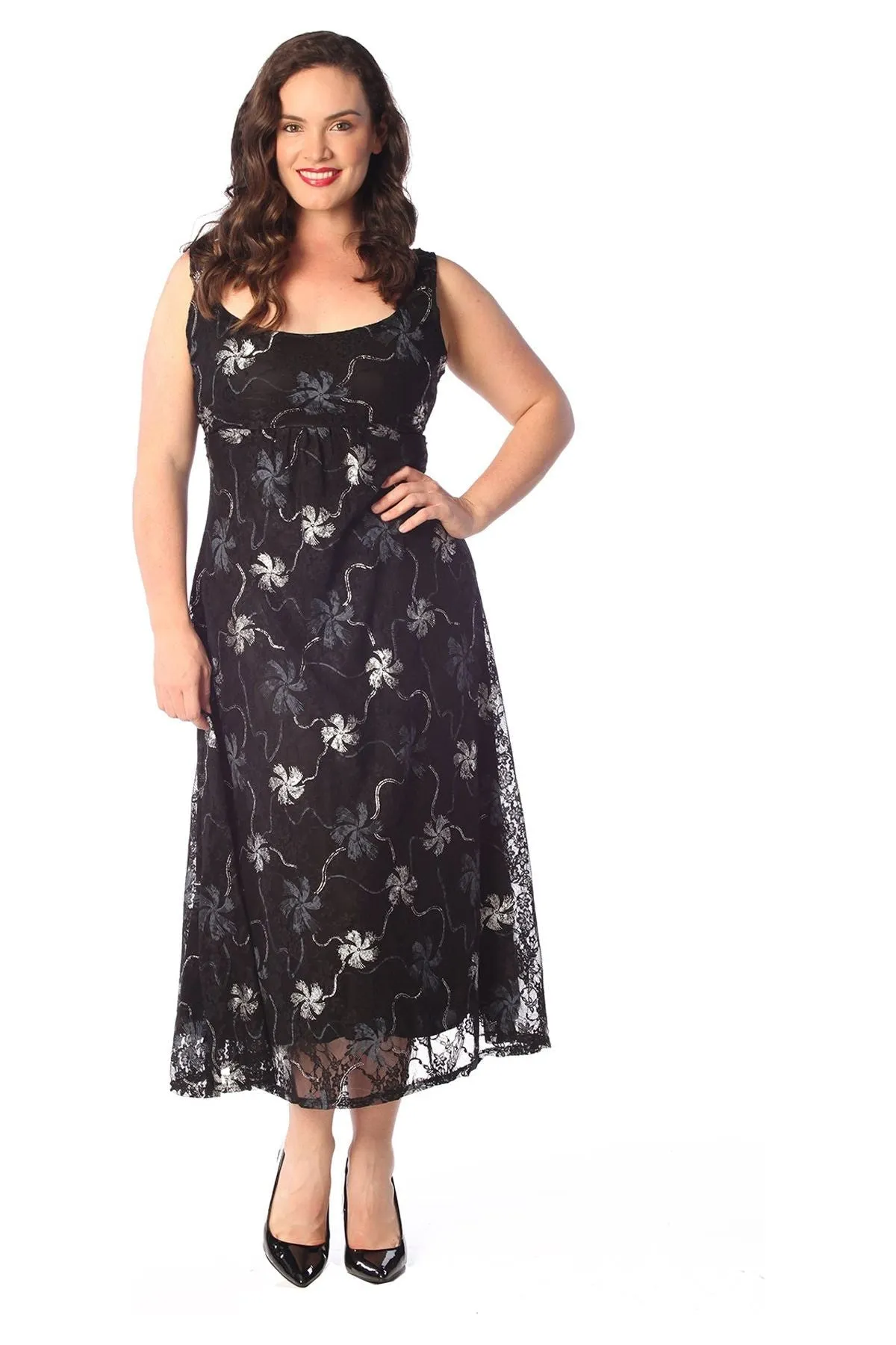 Plus Size Floral Lace Flared Sleeveless Belted Lined Dress