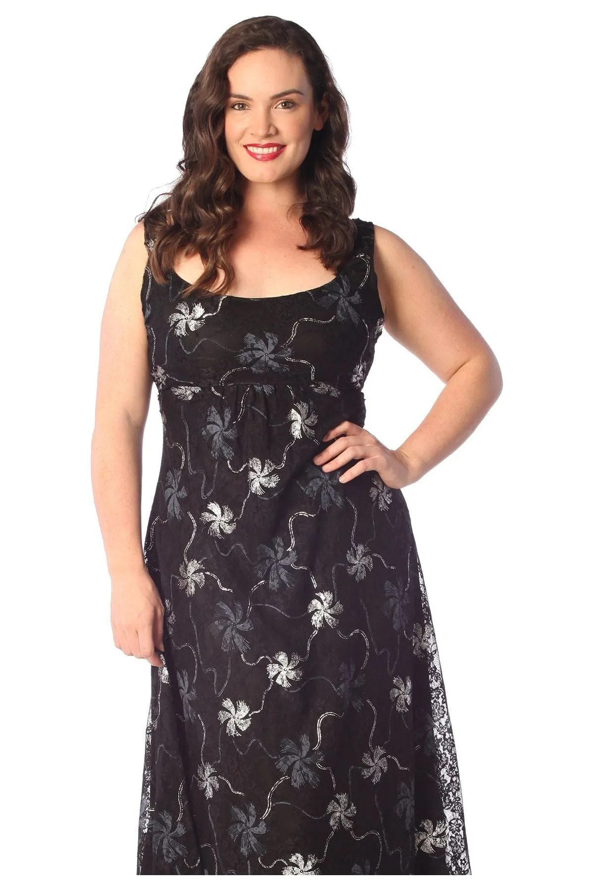 Plus Size Floral Lace Flared Sleeveless Belted Lined Dress