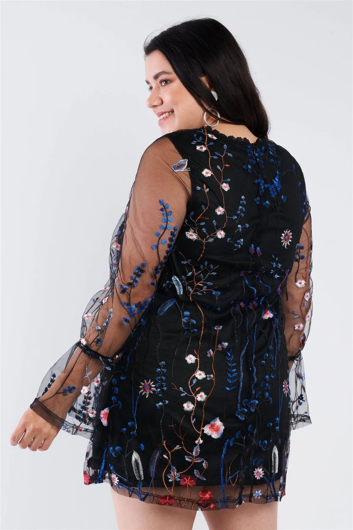 Plus Size Floral Mix Sheer Mock Lace Neck Mini Dress