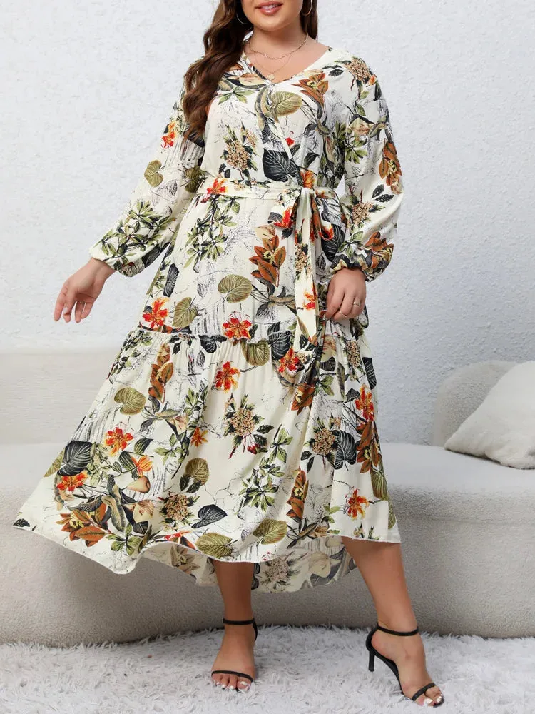 Plus Size Floral Print Belted Dress Spring