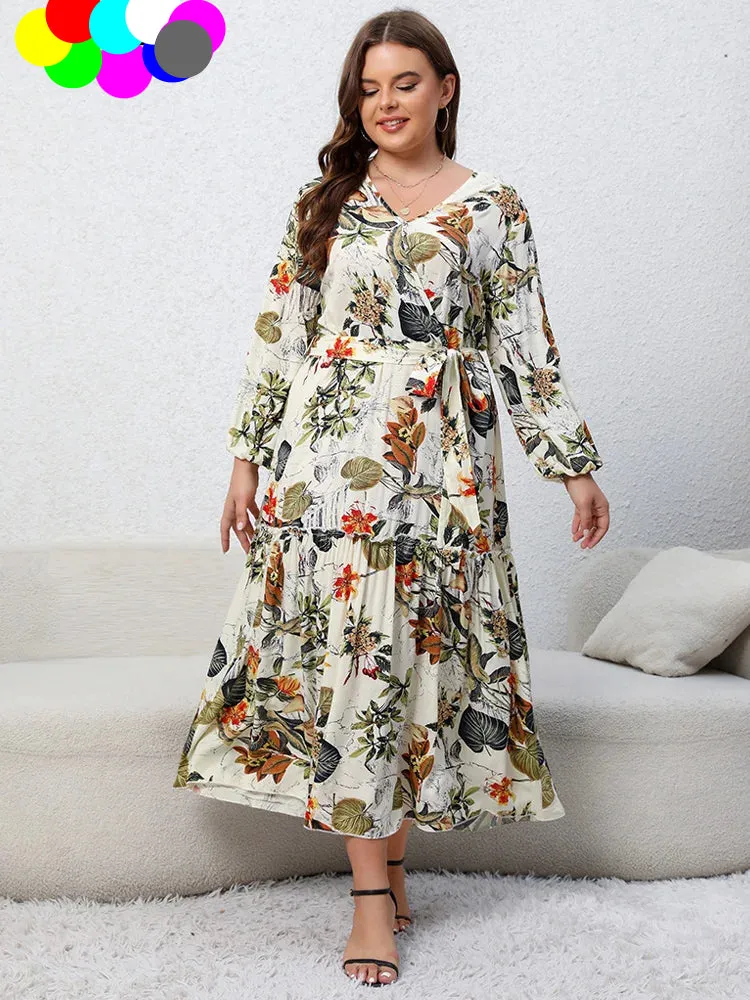 Plus Size Floral Print Belted Dress Spring