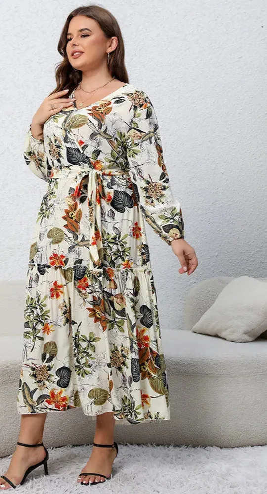 Plus Size Floral Print Belted Dress Spring