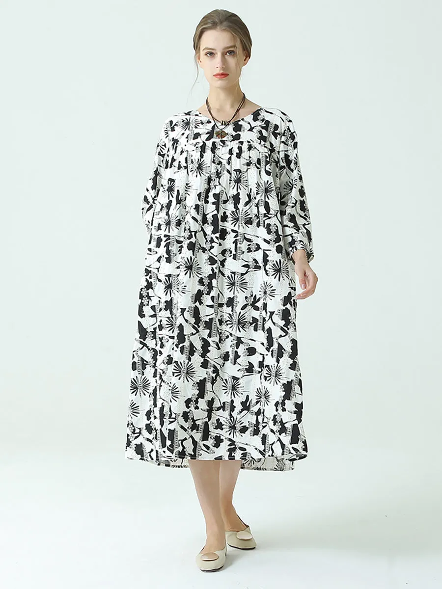 Plus Size Flower Prints O Neck Long Sleeve Pleated Plus Size Dress
