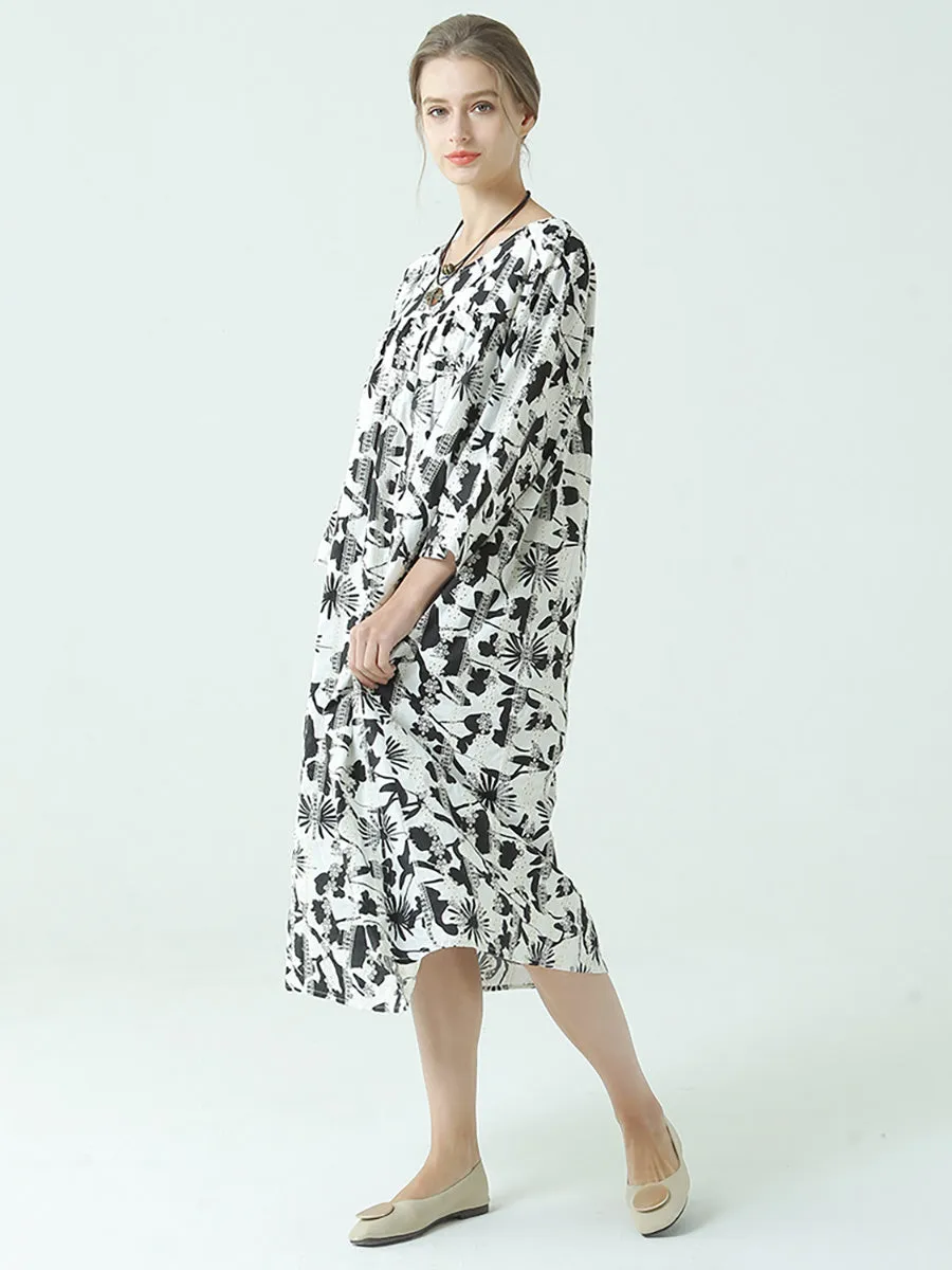 Plus Size Flower Prints O Neck Long Sleeve Pleated Plus Size Dress