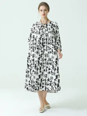 Plus Size Flower Prints O Neck Long Sleeve Pleated Plus Size Dress