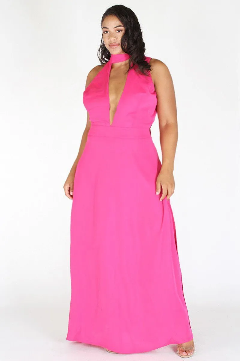 Plus Size Glam Ribbon Neck Deep V Maxi Dress [PRE-ORDER 25% OFF]