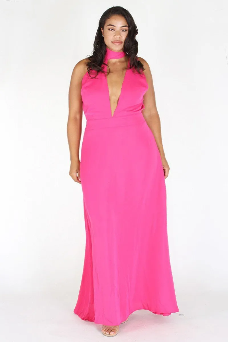 Plus Size Glam Ribbon Neck Deep V Maxi Dress [PRE-ORDER 25% OFF]