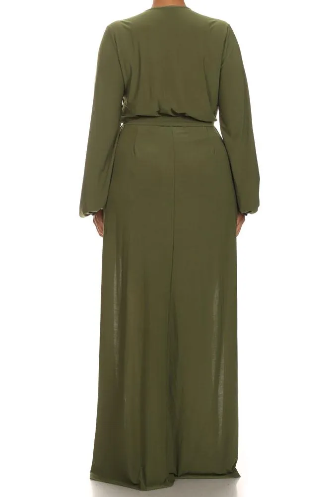 Plus Size Glamour Slit Tie Olive Maxi Dress
