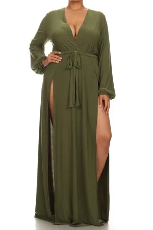 Plus Size Glamour Slit Tie Olive Maxi Dress