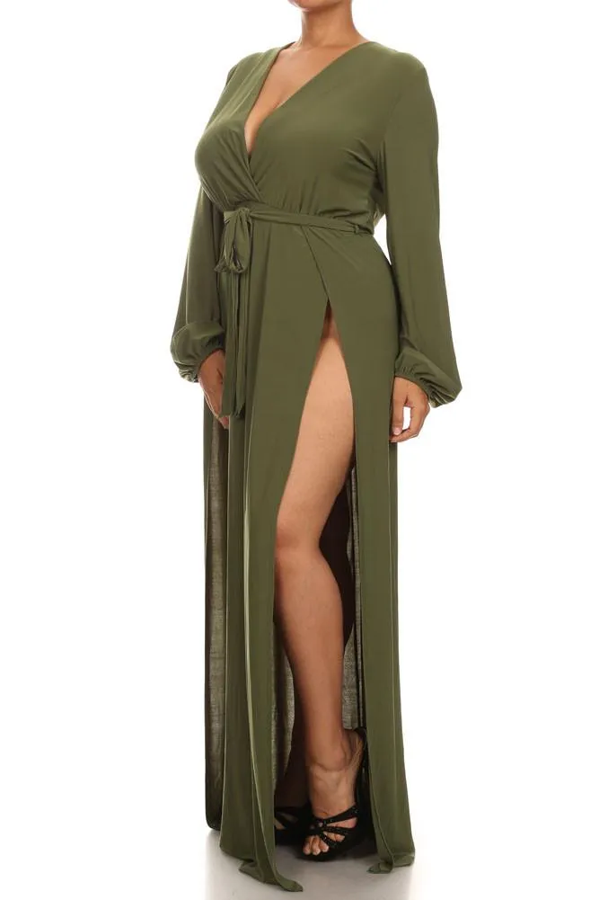 Plus Size Glamour Slit Tie Olive Maxi Dress