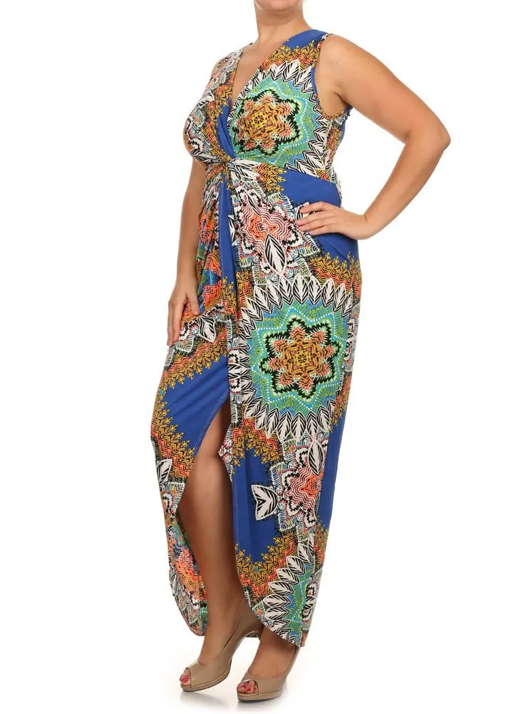 Plus Size kaleidoscope Print Knot Maxi Dress