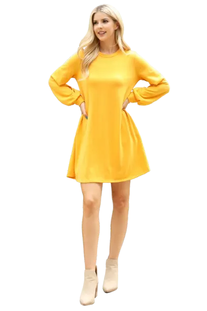 Plus Size Long Puff Sleeve French Terry Dress with Pockets Mustard - Pack of 6
