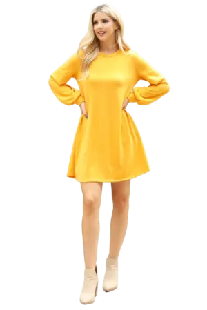 Plus Size Long Puff Sleeve French Terry Dress with Pockets Mustard - Pack of 6