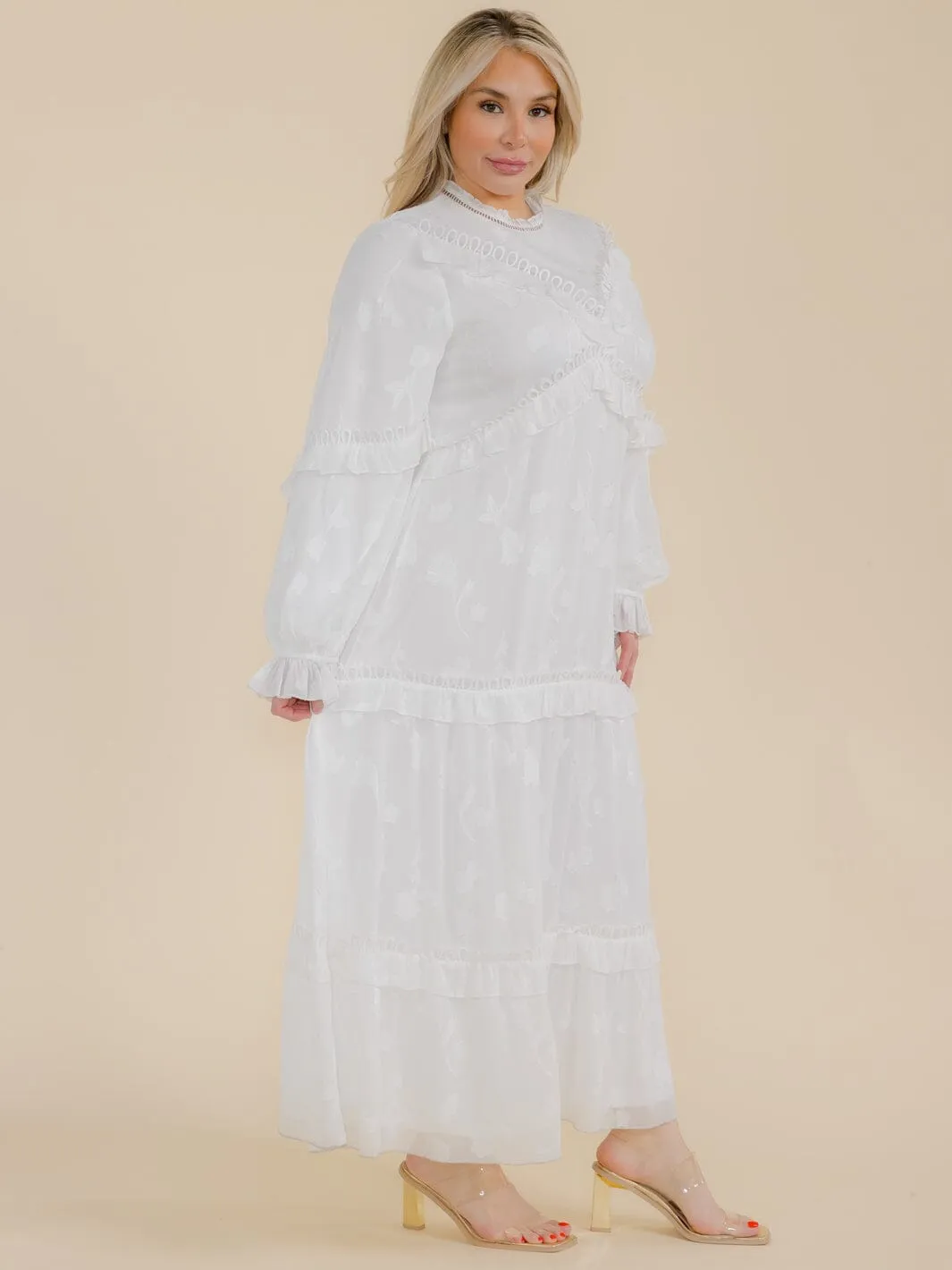 PLUS SIZE LONG SLEEVE TIERED RUFFLE MAXI DRESS