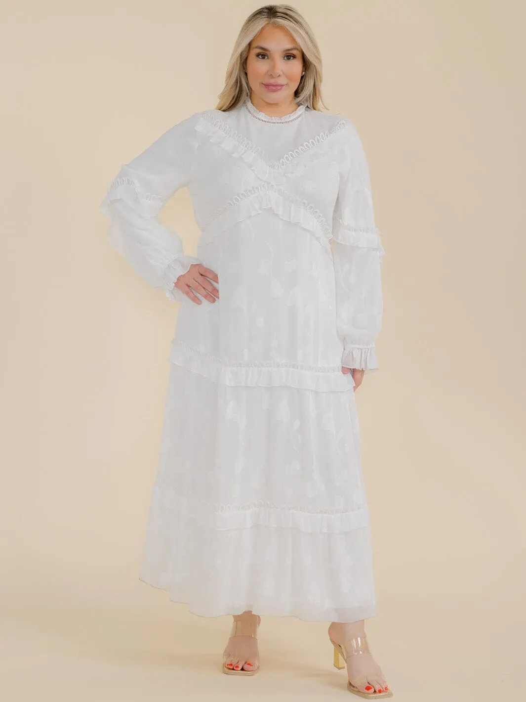 PLUS SIZE LONG SLEEVE TIERED RUFFLE MAXI DRESS