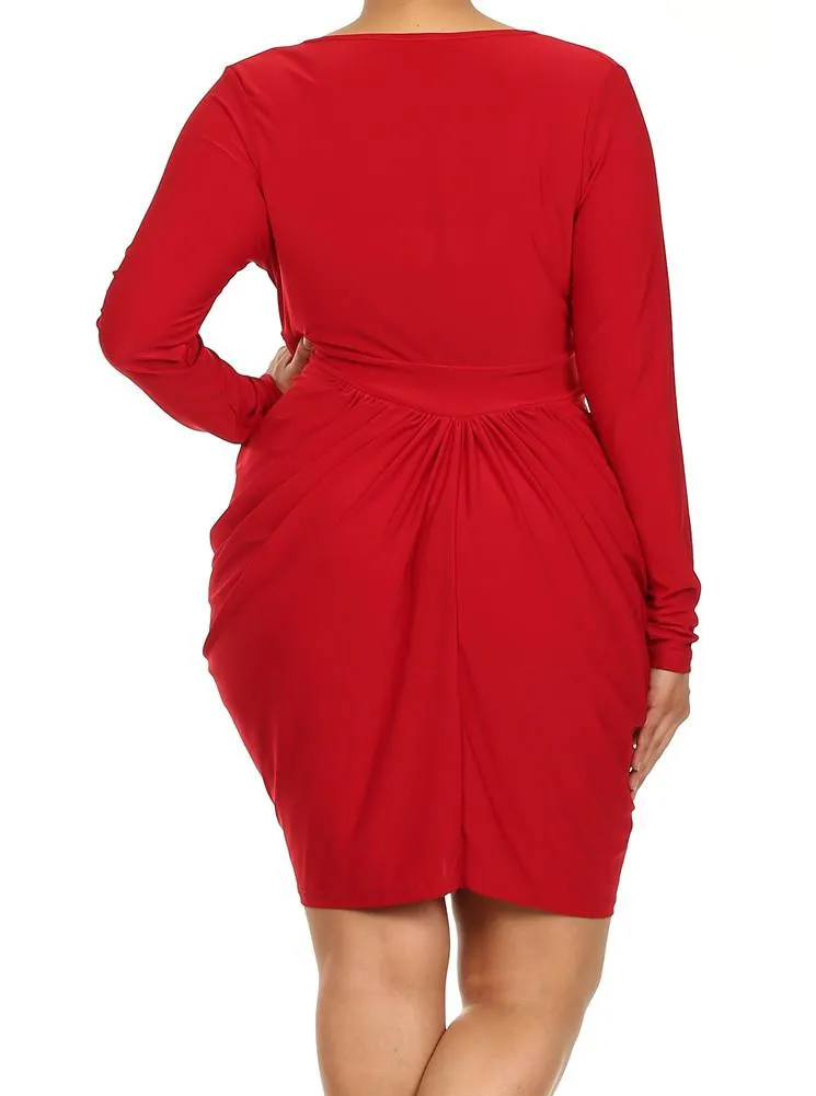 Plus Size Long Sleeve V Neck Bubble Red Dress