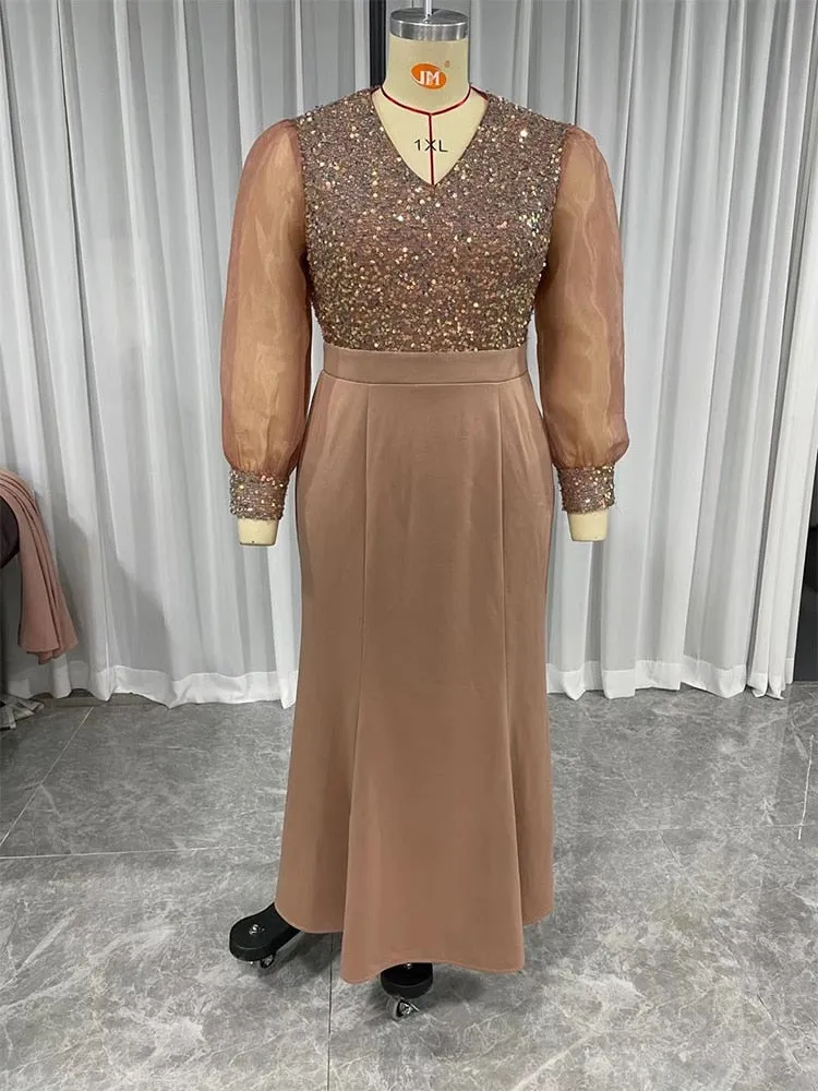 Plus Size Maxi Formal Evening Dress Long Sleeve Elegant Dress