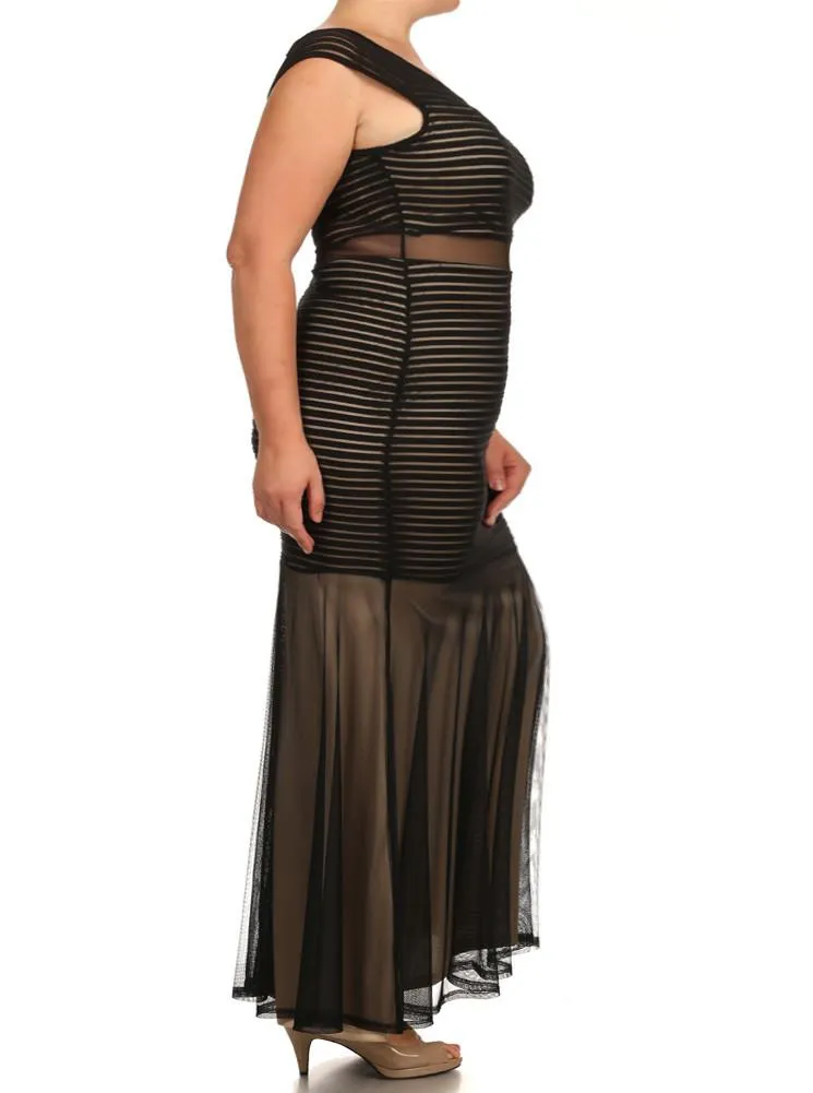 Plus Size Mesh Striped Fishtail Maxi Dress