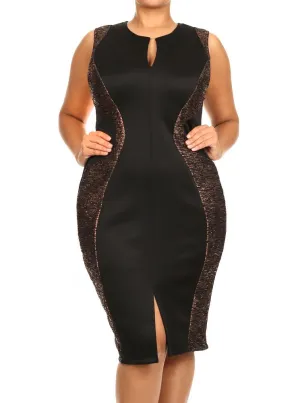 Plus Size Metallic Ribbed Foil Gold Midi Dress