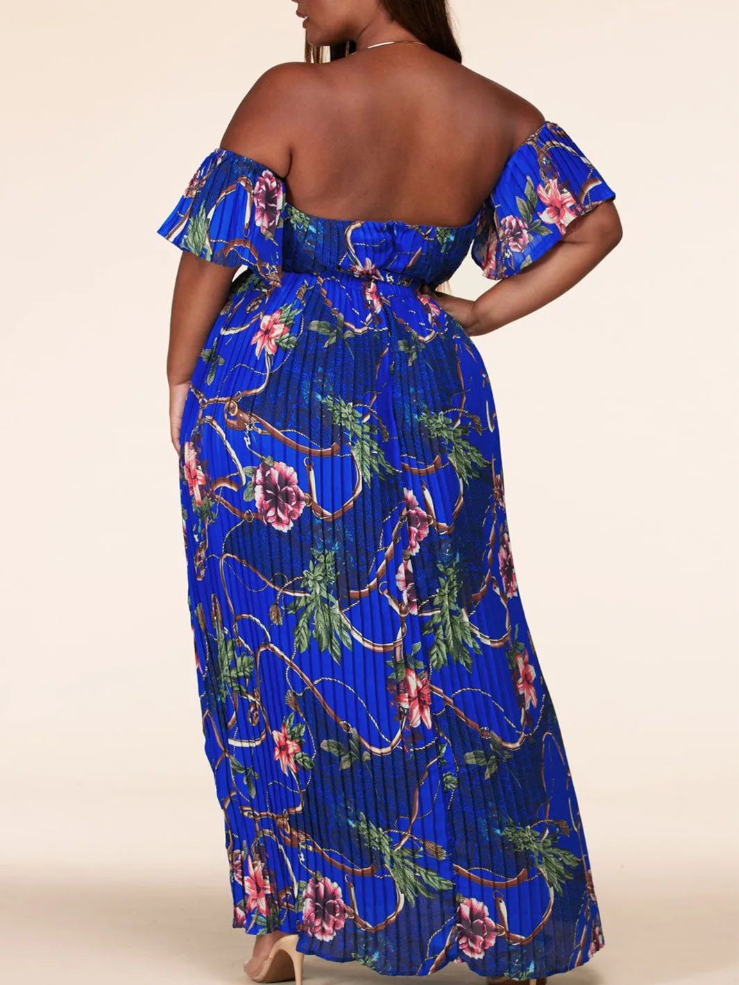 PLUS SIZE OFF SHOULDER V-NECK PLEATED FLORAL MAXI DRESS