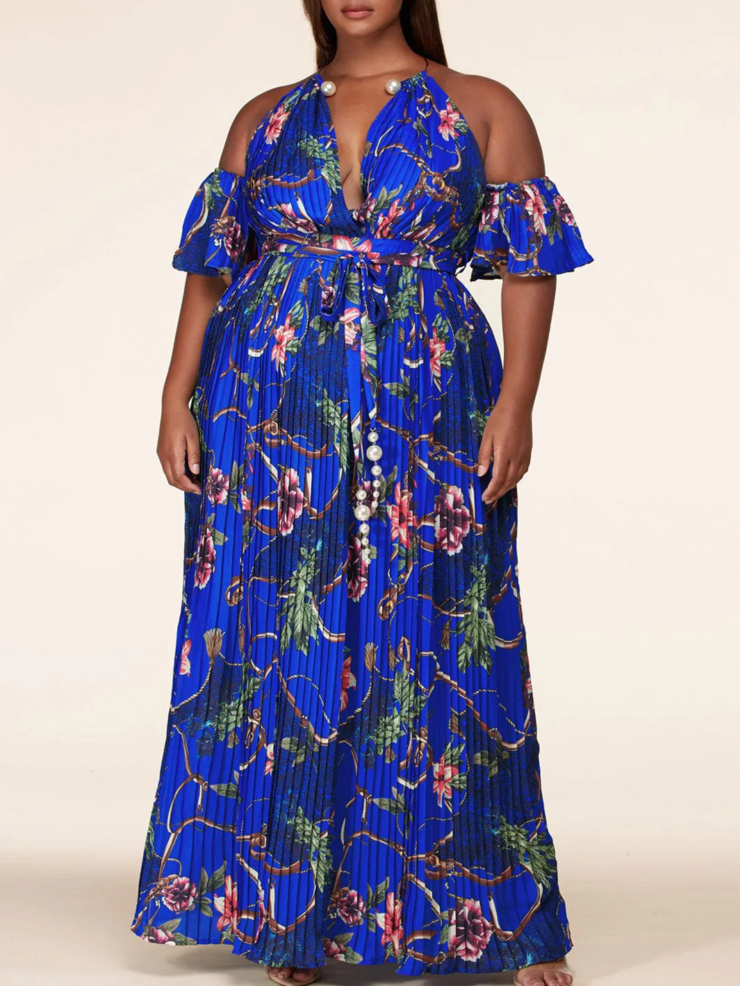 PLUS SIZE OFF SHOULDER V-NECK PLEATED FLORAL MAXI DRESS
