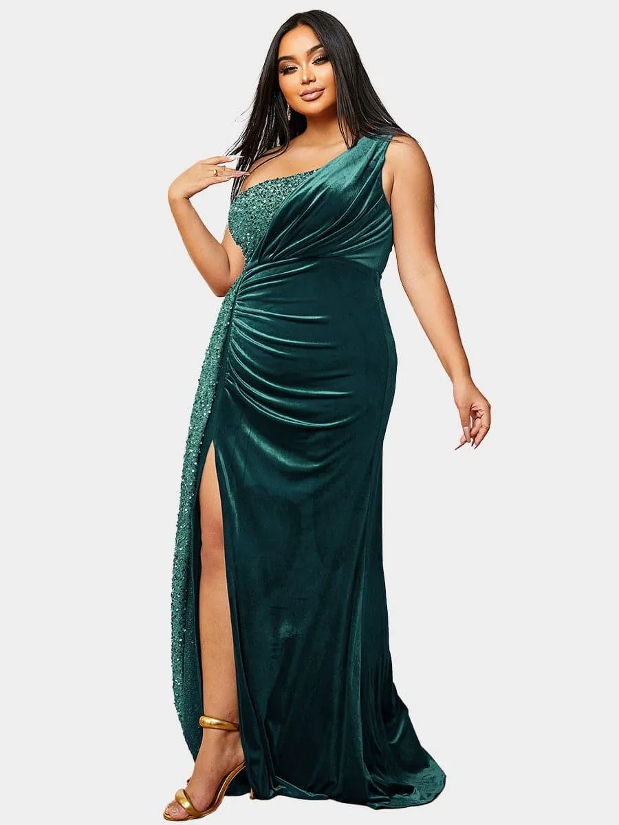 Plus Size One Shoulder Draped Sequin Burgundy Prom Dress PXH2356